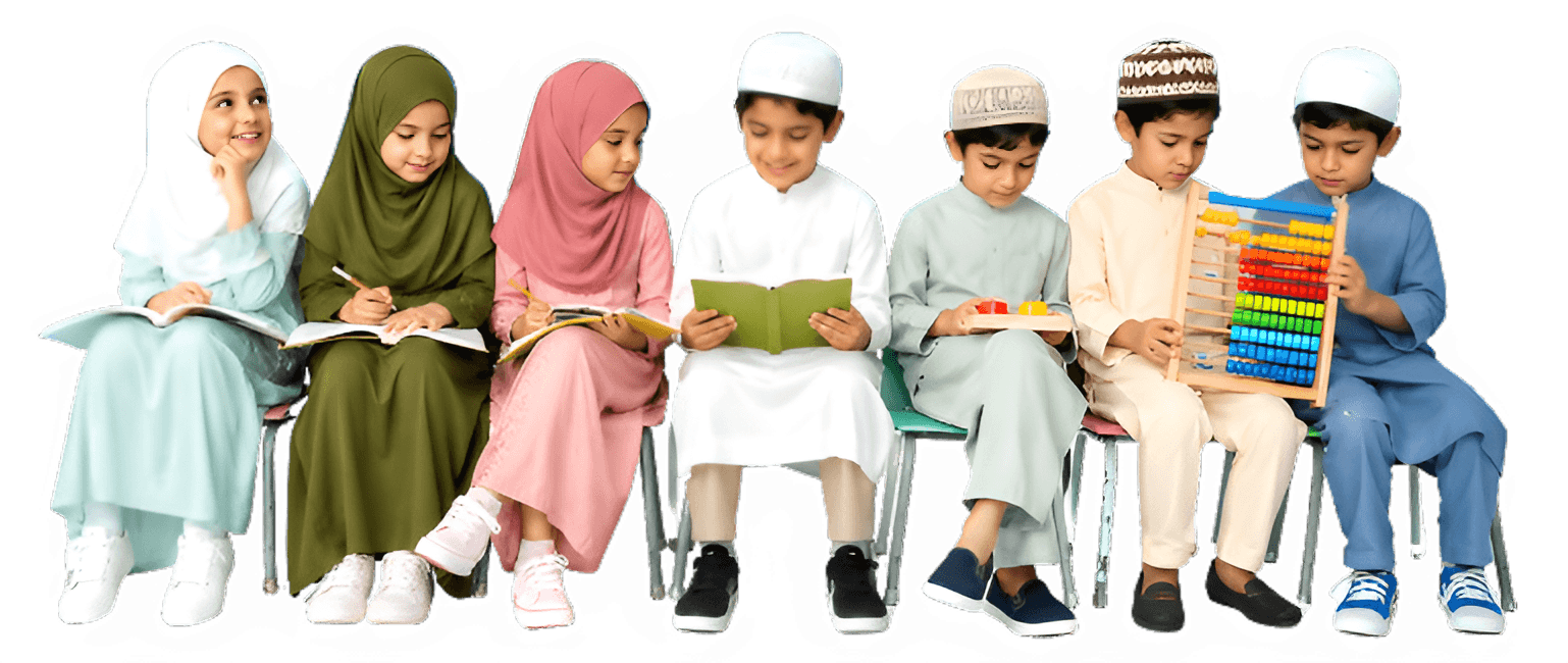 Muslim children sitting together reading and learning at ZeeQue Preschool